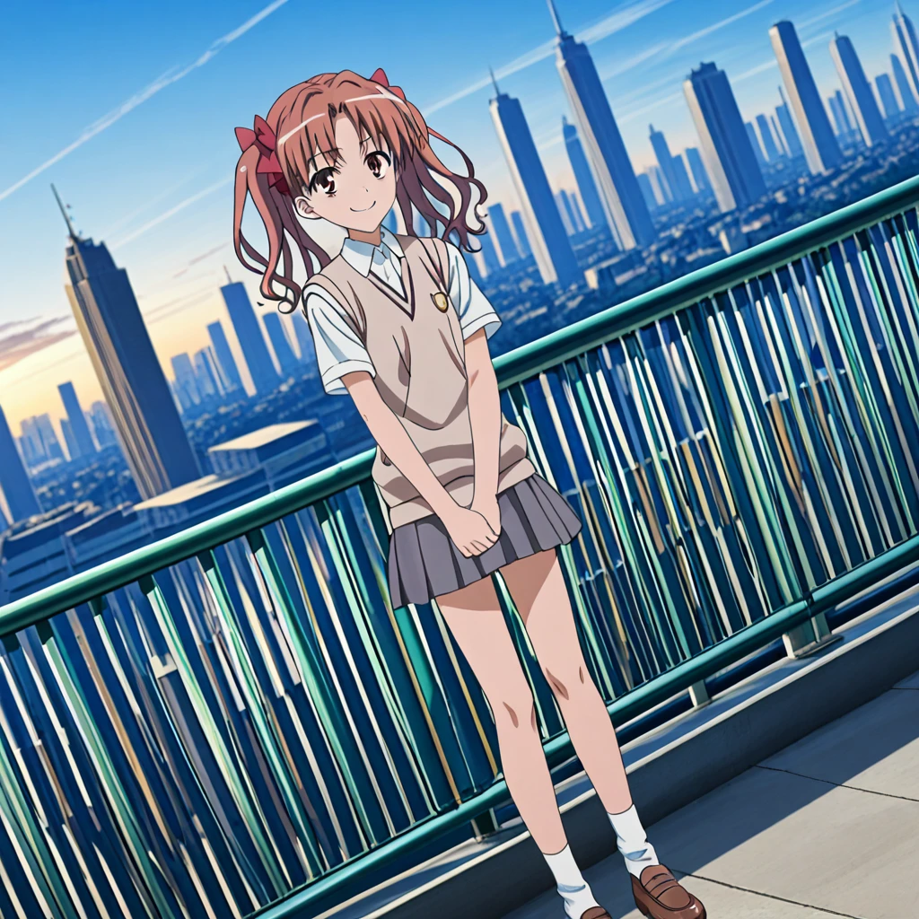 cityscape,outdoors,standing,smile,
slender, 1girl, dutch_angle, dynamic lighting,detailed_background,
highres,official_art, very_aesthetic,depth_of_field,caustics, natural_lighting,
<lora:add-detail-xl:1.5> shirai_kuroko, hair_ribbon, tokiwadai_school_uniform, short_sleeves, sweater_vest, brown_footwear, short_socks, 
 <lora:Toaru_Kuroko_v10:1>