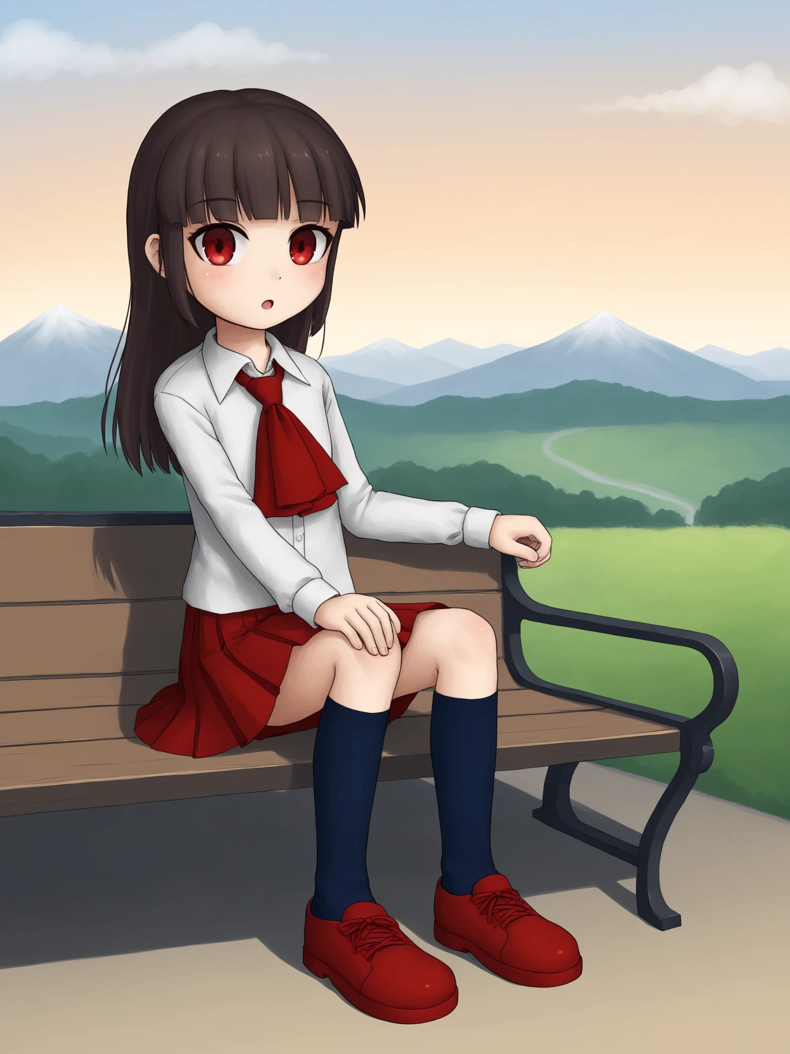 score_9, score_8_up, score_7_up, uncensored, ib,
1girl, ib (ib), solo, (((child, aged_down))), flat_chest, expressionless, bangs, long hair, brown hair, red eyes, shirt, skirt, long sleeves, white shirt, pleated skirt, shoes, collared shirt, socks, ascot, kneehighs, red skirt, black socks, red footwear, red ascot, blue socks, ((twilight, orange_sky)), cloudy_sky, looking_at_viewer, hand_on_own_knee, happy, open_mouth, light_blush, mountainous_horizon, mountain, wooden_fence, white_fence,  wooden_bench,  