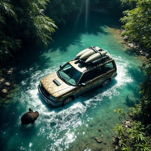 A dramatic overhead drone shot captures the 2000 Subaru Forester fording a shallow river in a lush rainforest setting. The car's woodland camouflage pattern creates a striking contrast against the turquoise water, which splashes up around the wheels. Sunlight pierces through a gap in the dense canopy above, creating a spotlight effect on the Forester and surrounding water. The vehicle is angled diagonally across the frame, emphasizing its length and boxy profile. A snorkel intake rises from the hood, allowing for deep water crossings. The roof rack is loaded with adventure gear, including kayaks and camping equipment. In the foreground, a startled tapir is seen retreating into the underbrush, adding a touch of wildlife interest. The riverbanks are lush with ferns and flowering plants, their vibrant greens contrasting beautifully with the Forester's muted camo tones. This image conveys a sense of exploration, showcasing the Forester's capability to access remote, wild locations.