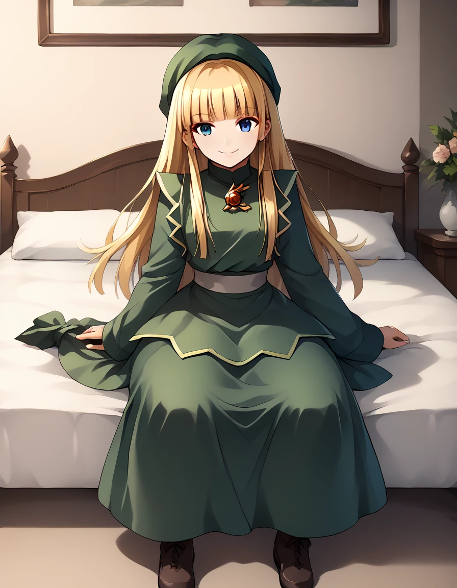 <lora:witchP4_SDXL_pony_fp16_ver10_168:1>,witchP4,1girl,blonde hair, long hair,  blue eyes,green dress,green headwear,long sleeves,long skirt,cross-laced footwear, brooch,blunt bangs,light green sash ,smile,sitting,on bed, score_9, score_8_up, score_7_up, BREAK source_anime, rating_explicit, best quality, masterpiece, uncensored,<lora:pony_good_hands:1>,good_hands ,[pony diffusion V6 is trained by PurpleSmartAI:100]