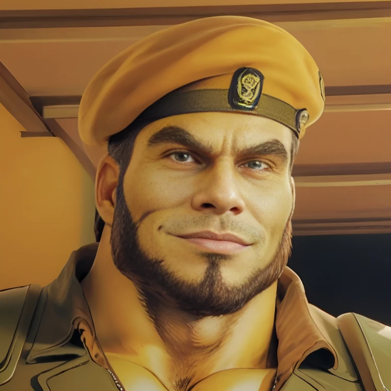 (RAW photo), close-up, (portrait:1.2), <lora:Buckham:0.85>, beret, buckham, absurdres, (muscular male:1.1), facing viewer, straight-on, sleeveless, military uniform, full beard, shoulder pads, smirk, brown eyes