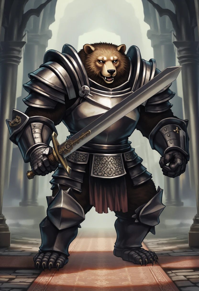 vanillaware, a large grizzly bear knight with heavy armor wielding a greatsword.  