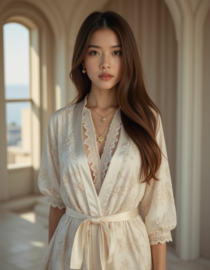 A best quality, masterpiece raw photo of a girl dressed in a long floral lace robe with ornate details, adorned with gold jewelry. Her long brown hair flows gracefully over her shoulders. The scene is set in a modern minimalist space, with sleek furniture and clean lines that contrast beautifully with her ornate outfit. The middle distance shot taken by a long-range lens captures the serene and sophisticated atmosphere of the room. The low key lighting and soft shadows add depth, while the soft bokeh effect gently blurs the minimalist background, keeping the focus on the girlâs playful yet elegant presence. The balanced contrast and exposure bring out the richness of the colors and the delicate textures in the room
