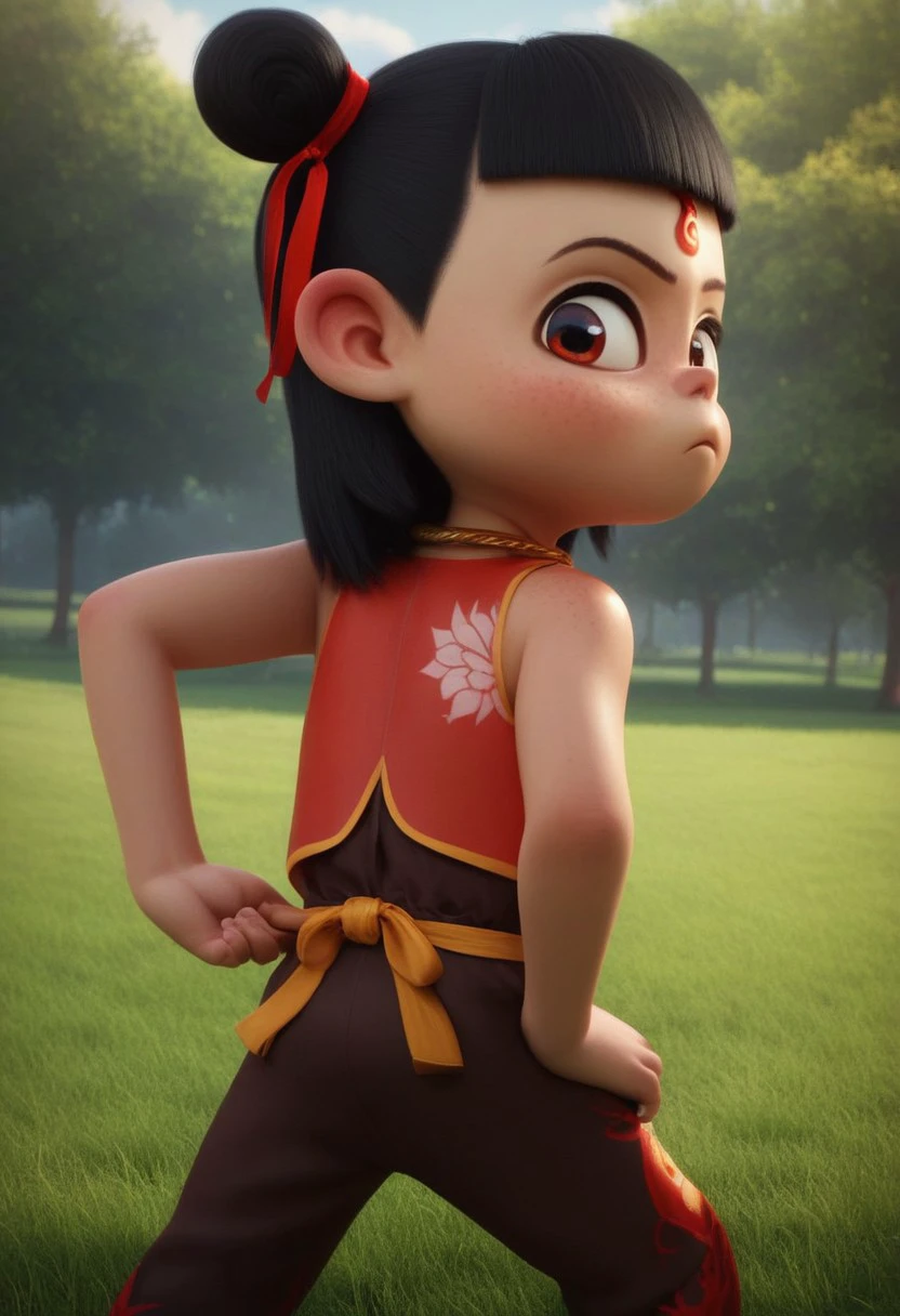 score_9, score_8_up, score_7_up, NeZha2019, 1boy, freckles, blunt bangs, necklace, hair bun, double bun, hair ribbon, red hair ribbon, forehead mark, chinese clothes, short hair, black hair, sleeveless red vest, round head, red eyes, black eye shadow, big head, solo, looking at his feet, talking, from behind, looking back, frown, head down, hands in pants, 3d, afternoon, chinese park, grass, trees, male focus, detailed background, 4k, masterpiece, best quality, highly detailed, realistic, full shot