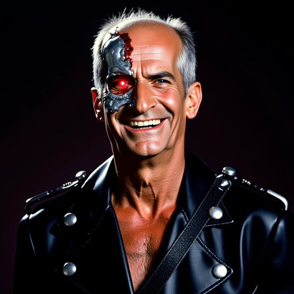 The image is a high-definition photograph depicting a character from the "Terminator" franchise. The subject is a 75 years old Man louDF with a smile, intense expression. His left eye is glowing red, a characteristic of the Terminator series. The left side of his face is severely damaged, with exposed metal and synthetic tissue, revealing the metallic skull and red, glowing eye. Blood and gore are evident, emphasizing the brutal nature of the character. 

He is wearing a black leather jacket with metal studs and a strap across his chest. The background is a solid, dark color, which contrasts sharply with the character's skin tones and the metallic textures of his face.