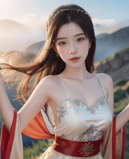 Dunhuang,Dunhuangone,1girl,((dancing)),(on the top of mountain:1.4),((in the fog)),solo,breasts,hair ornament,chinese clothes,white yellow dress,blurry,looking at viewer,bare shoulders,realistic,long hair,jewelry,brown eyes,black hair,brown hair,shawl,collarbone,(masterpiece:1,2),best quality,masterpiece,highres,original,perfect lighting,(extremely detailed CG:1.2),(blurry background:1.5),(portrait:1.2),upper_body,dress,blurry,(looking at viewer:1.2),bare shoulders,realistic,parted lips,face_focus,(depth of field:1.3),<lora:last:2>,(simple background:1),<lora:ip-adapter-faceid-plusv2_sd15_lora:0.7>,(((rim light))),(((ourdoors))),<lora:dunhuangone:0.33>,(blank sky background:1.35),