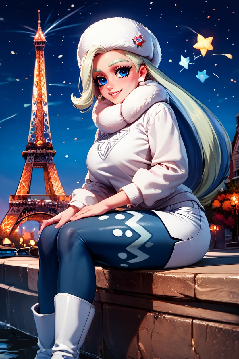 score_9, score_8_up, score_8, medium breasts, (curvy), cute, eyelashes,       BREAK, , zzMelony, blue eyes, white hair, long hair, huge breasts,  fur hat, white scarf, white sweater, white shorts, leggings, white boots,  <lora:Melony_Pokemon_PDXL_Citron:0.8>, , BREAK,  zzEiffelTower in background, sitting, watercraft, boat, sitting on wall, side view, looking at viewer, smile,  BREAK, blooming stars, luminescent petals, otherworldly fragrance blurry background, embedding:zPDXL, Expressiveh, <lora:EiffelTowerPDXL:0.8>,  <lora:CatalystStylePDXL:0.6>,  <lora:SDXLFaeTastic2400:0.5>,  <lora:Expressive_H-000001:0.4>,