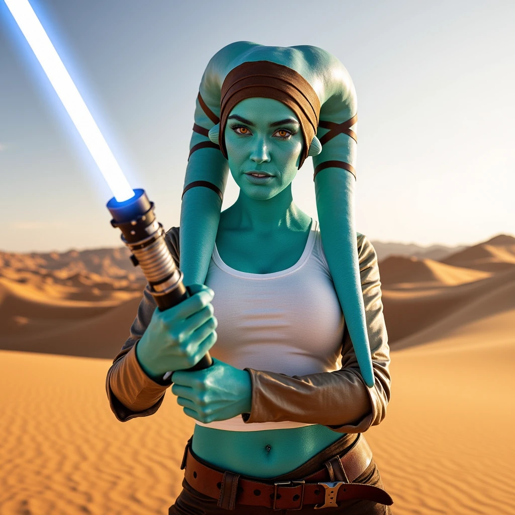 jEDI Twi'lek girl, CYAN skin, HOLDING A WHITE LIGHTSABER, 
A PROMOTIONAL PHOTO, WET SHINY SKIN, DESERT SUN LIGHT