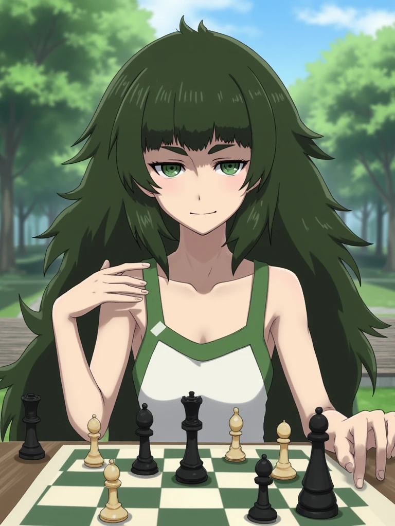 maho with green hair, playing chess at the park. the chessboard shows she is winning the match and the pieces are perfectly detailed. She has a smug on her face showing she won