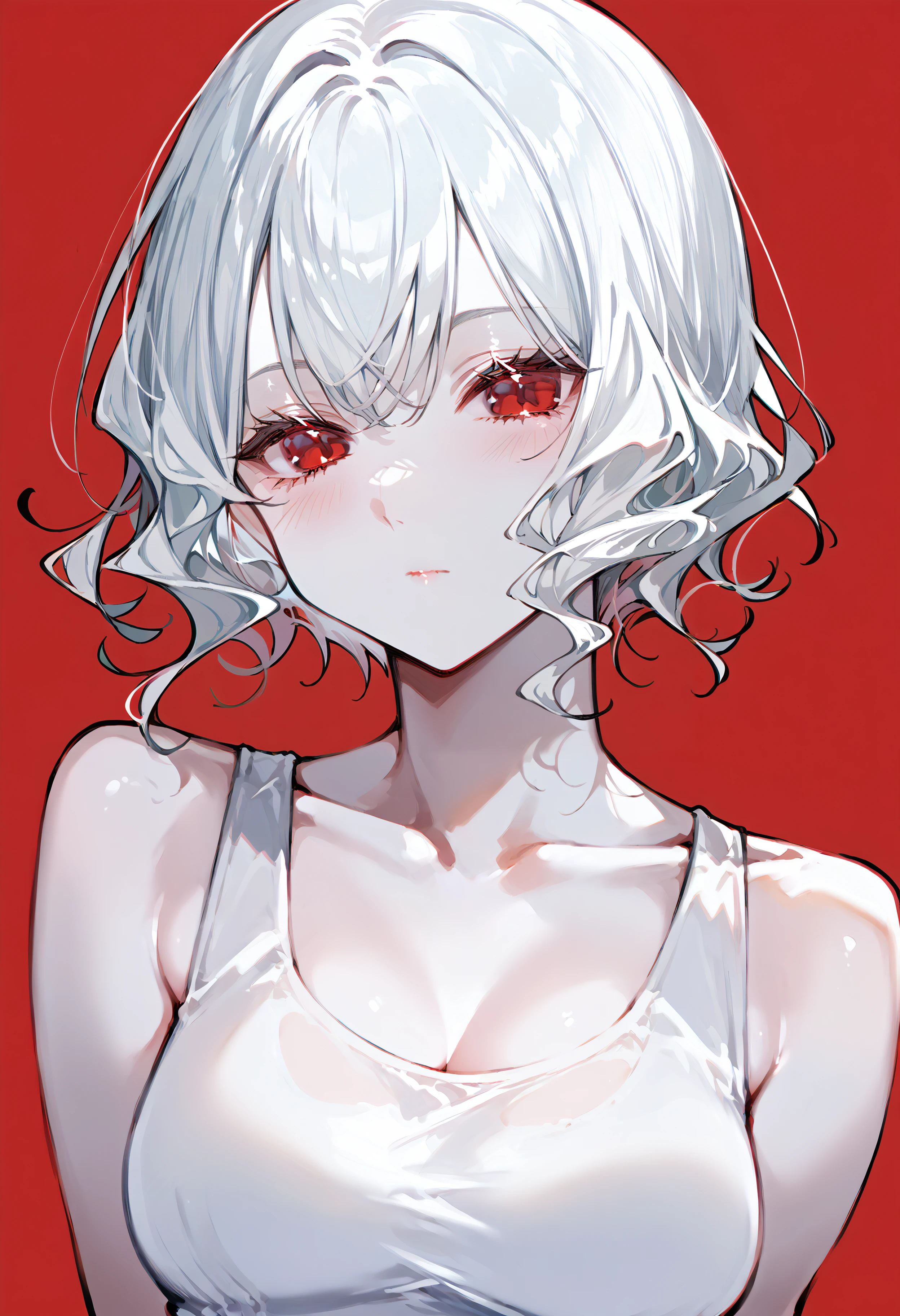 score_9, score_8_up, score_7_up, best quality, source_anime BREAK, 1girl, white hair, short hair, straight hair, wavy hair, red eyes, expressionless, looking at viewer, medium breasts, white tank top, red background, pale skin, bangs, blush, <lora:jNwFwFCQmXr3Wt1:1>