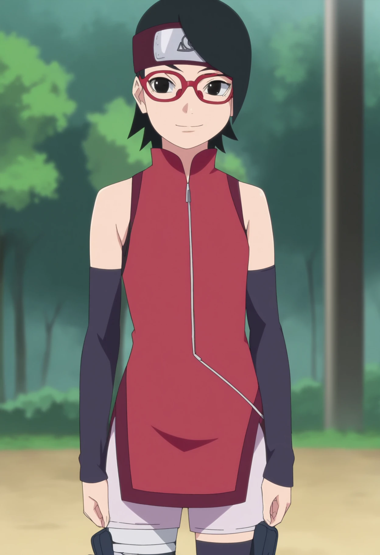 score_9, score_8_up, score_7_up, source_anime,anime screencap,anime coloring,intricate details,
uncensored,
sarada,1girl, black hair, glasses, red-framed eyewear, short hair, shorts,forehead protector,black eyes, konohagakure symbol, headband,detached sleeves,thighhighs, red sleeveless shirt, zipper, zipper pull tab, thigh pouch,
small breasts, smile,
standing, upper body, focus on face,
perfect anatomy,
scenery,outdoors, 
 <lora:Sarada 39 mid:1>