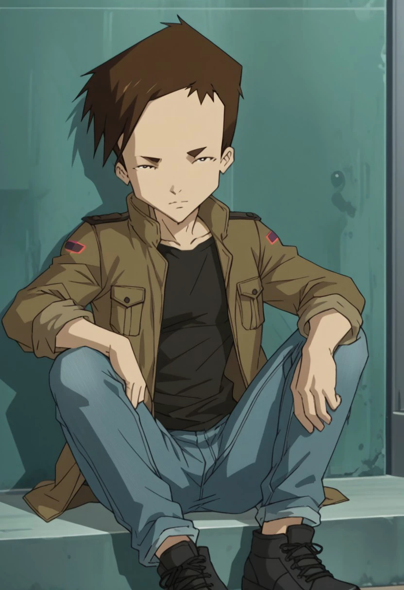 score_9, score_8_up, score_7_up, source_anime, rating_safe, UlrichCL, brown_Ulrich_hair, black_Ulrich_eyes, 1boy, male focus, anime screencap, open jacket, black shirt, jeans, black shoes, sitting,