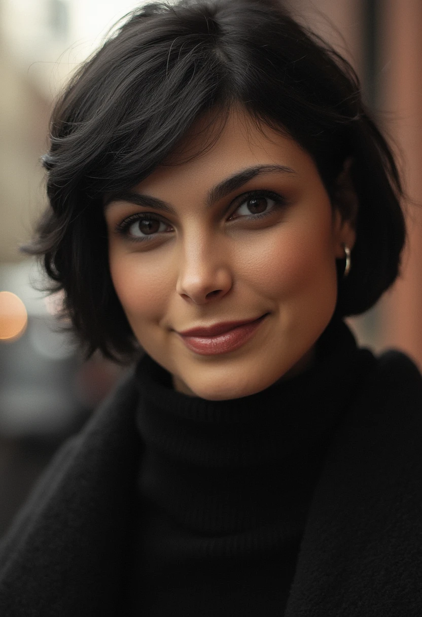 subtle grain, cinematic quality, professional portrait of morena baccarin smiling, makeup, black hair, turtleneck, fine art photography, film still, movie scene, outdoors,