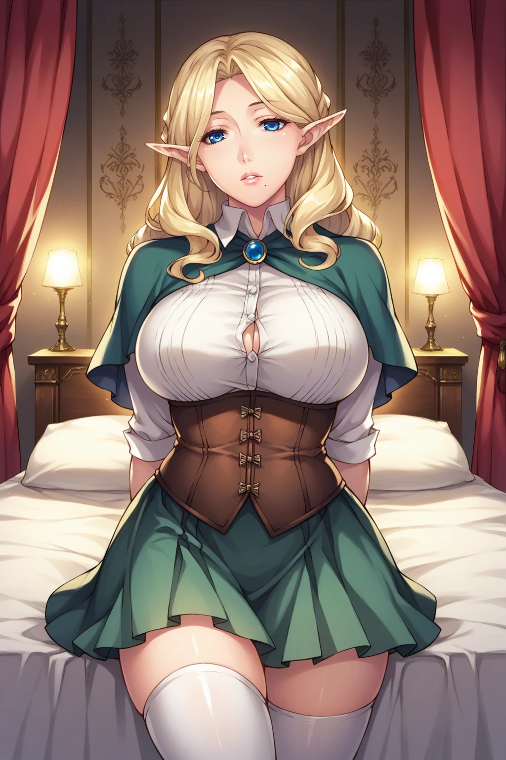 score_9, score_8_up, score_7_up, 1girl, prefect lighting, very aesthetic, intricate details, highly detailed background, masterpiece, high quality, prefect hands, best quality, solo, source_anime,
<lora:Anna_Florence_Kuroinu_V1:.85>, KJOanna, blonde hair, blue eyes, pointy ears, parted bangs, long hair, mole under mouth, mature female,
white button up shirt, green short cape, brown corset, green skirt, white thighhighs,
expressionless, parted lips, arms behind back,
bedroom, red curtains, dim lights, bed, 
(Beautiful, large Breasts:1.2), natural breasts,