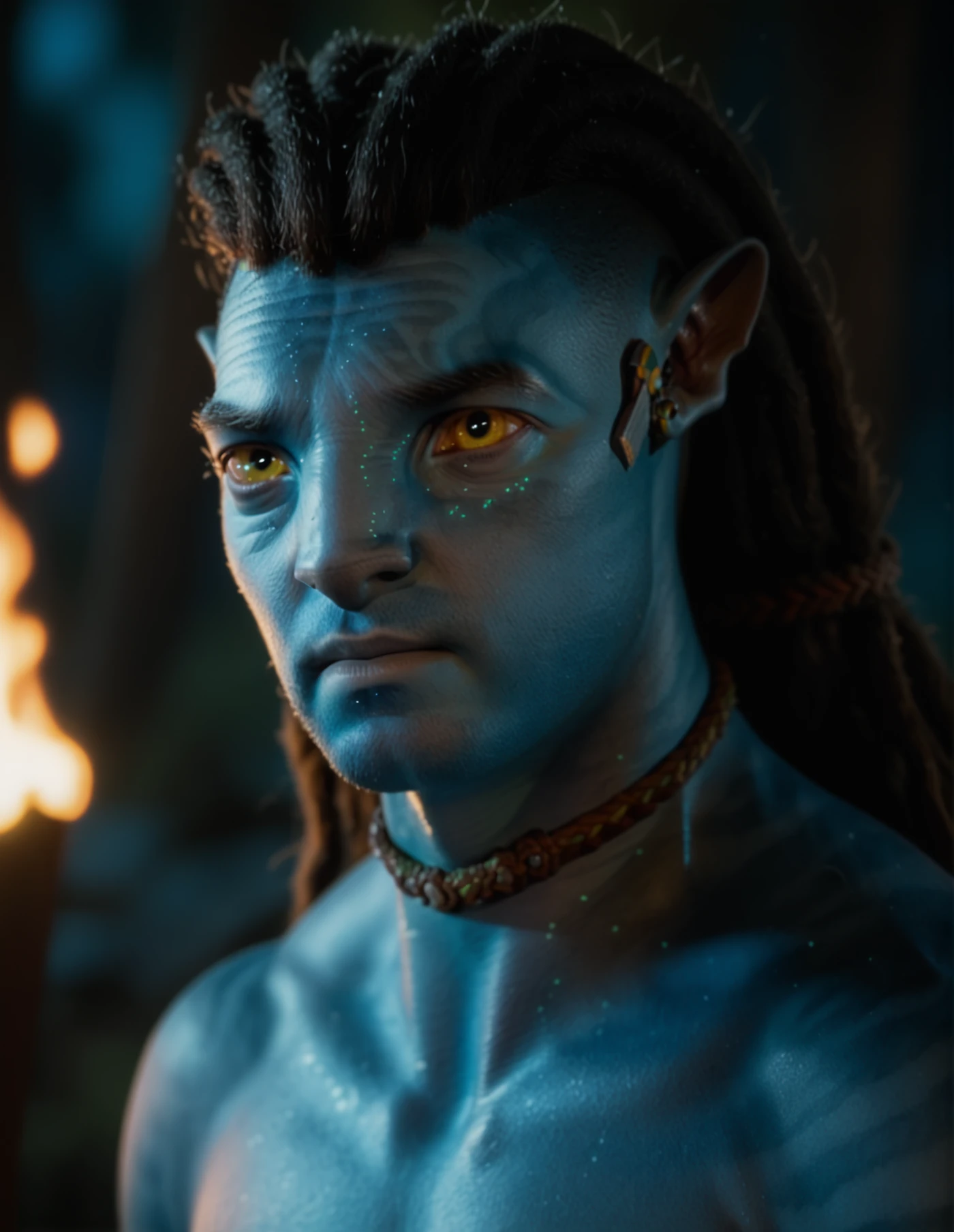 <lora:Jake_Sully:1> j4ke, portrait, blue skin, nature, dark, night, fire ights, portrait, yellow eyes, shirtless, solo, closed mouth, 1boy, AVTR2, score_9, score_8_up, score_7_up, score_6_up