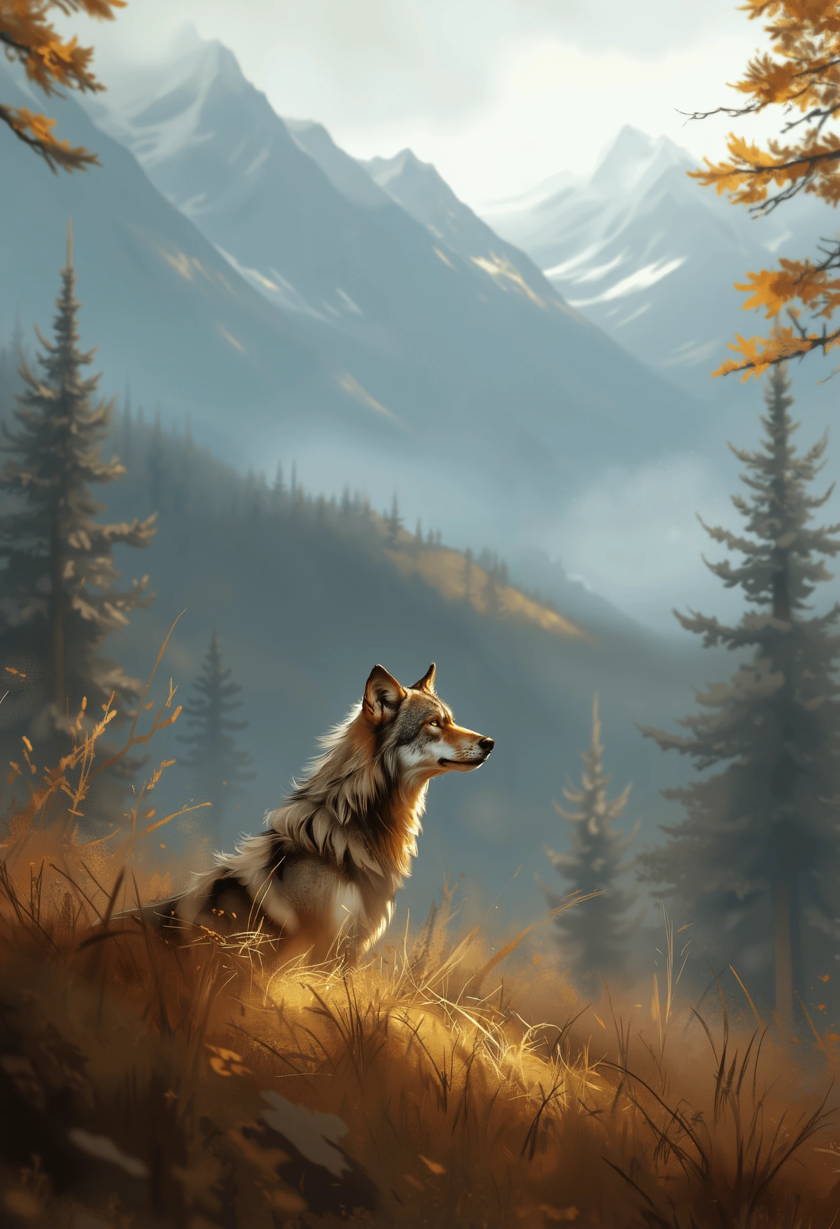 a wolf at a hill looking to a great landscape