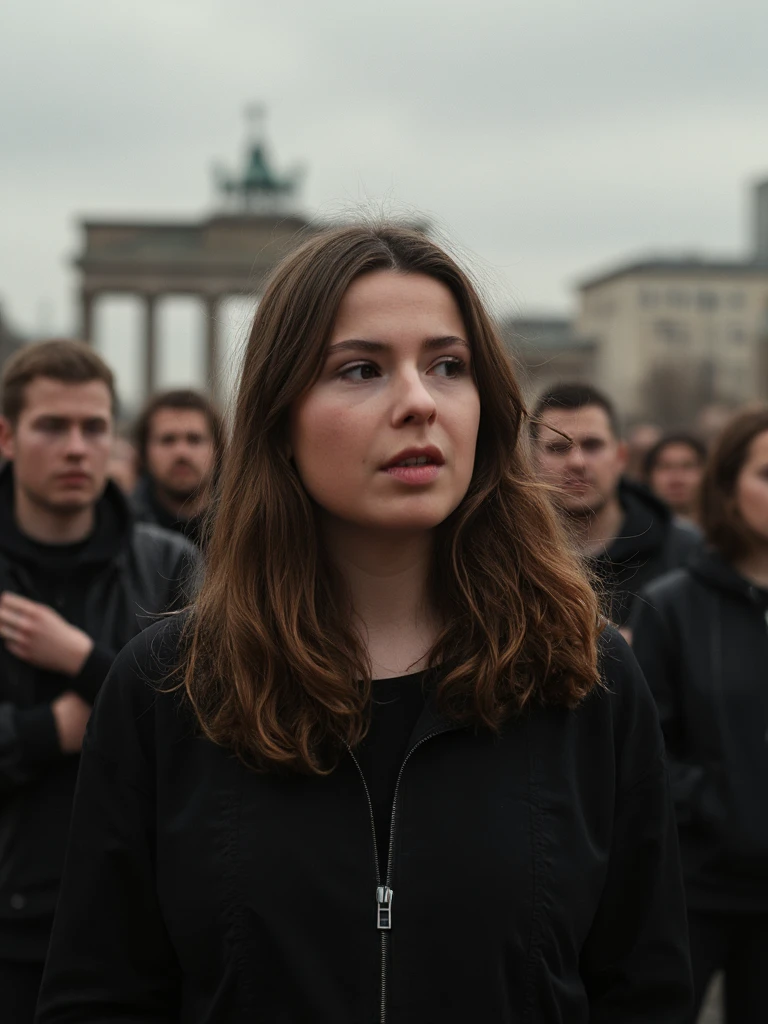 Portrait of luineu, modern day Berlin, speaking in front of a crowd in a protest. Her determined face looks slightly off the camera into the crowd