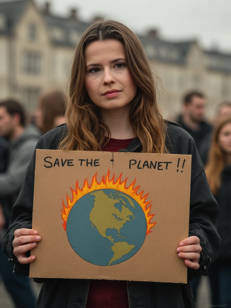 Portrait of luineu Luisa Neubauer woman, she is holding a demo sign showing a burning earth and the text "Save the Planet!". She is serous looking slightly next to the camera