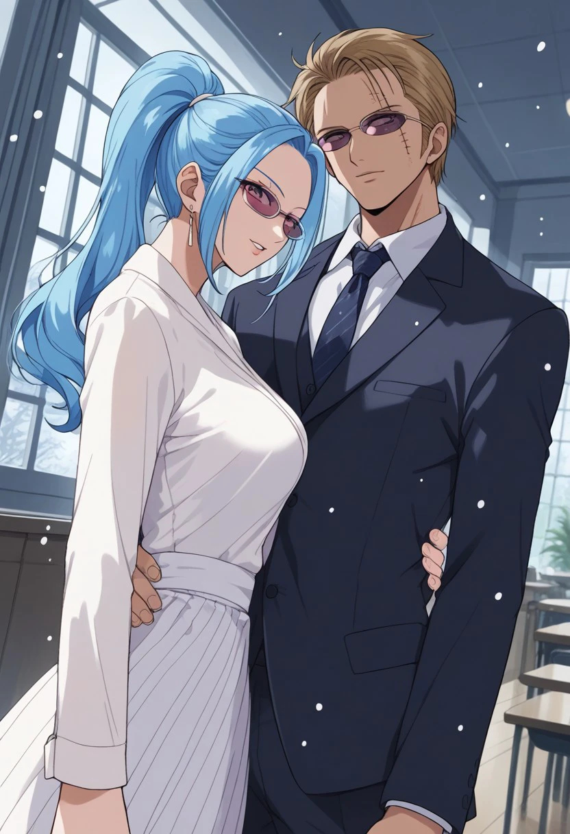 score_9, score_8_up, score_7_up, source_anime, rating_safe, KozaOP, black_Koza_scar across eye, sunglasses, formal, business man, looking at viewer, 1boy, ViviOP, blue_Vivi_high ponytail, 1girl, couple focus, formal, glasses, business woman, parted lips, head tilt, (hands with five fingers), blurry indoors, window, snowing-outdoors, dutch angle, stylized magazine cover,