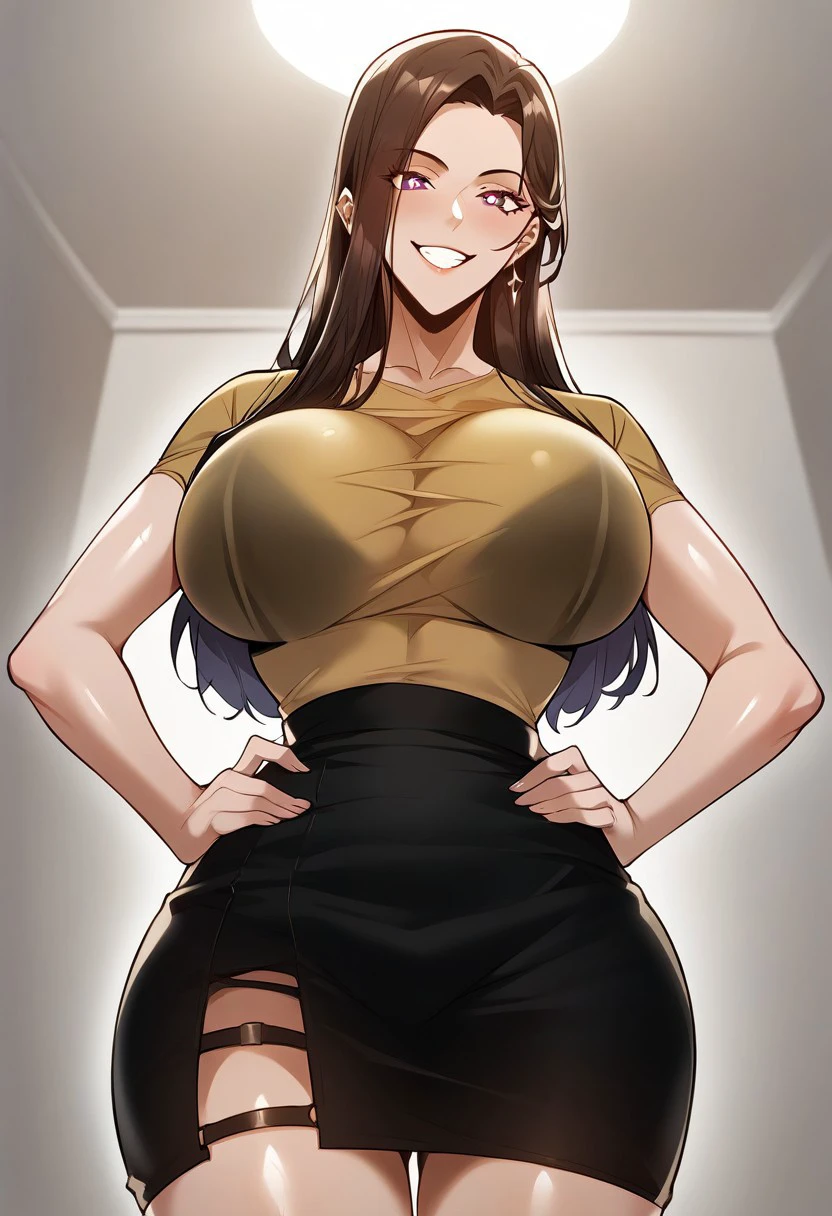 score_9, score_8_up, score_7_up, ASCII masterpiece, source_anime, BREAK, 1girl, solo, (( <lora:bin-na:1> , bin-na, thin waist, wide hips, beautiful skin, beautiful purple eyes, clear eyes, bright pupils, beautiful eyes, beautiful dark brown hair, beautiful long hair, huge and shaggy breasts, natural beauty, extraordinary beautiful woman, attractive woman, super sexy woman, lustful body, sexy woman with seductive obscene body, sensual body, voluptuous body, sexy beauty, no piercings, no piercing, )) , ((sexy transparent yellow top, sexy black bra, sexy black pencil skirt, )), looking at viewer, grin, smug, sassy, uncensored, sexy pose, evil smile, indoor, hotel room, looking at viewer, horny, seductive, hands on hips, standing, from below, cowboy shot, front view, closing up, leans forward,