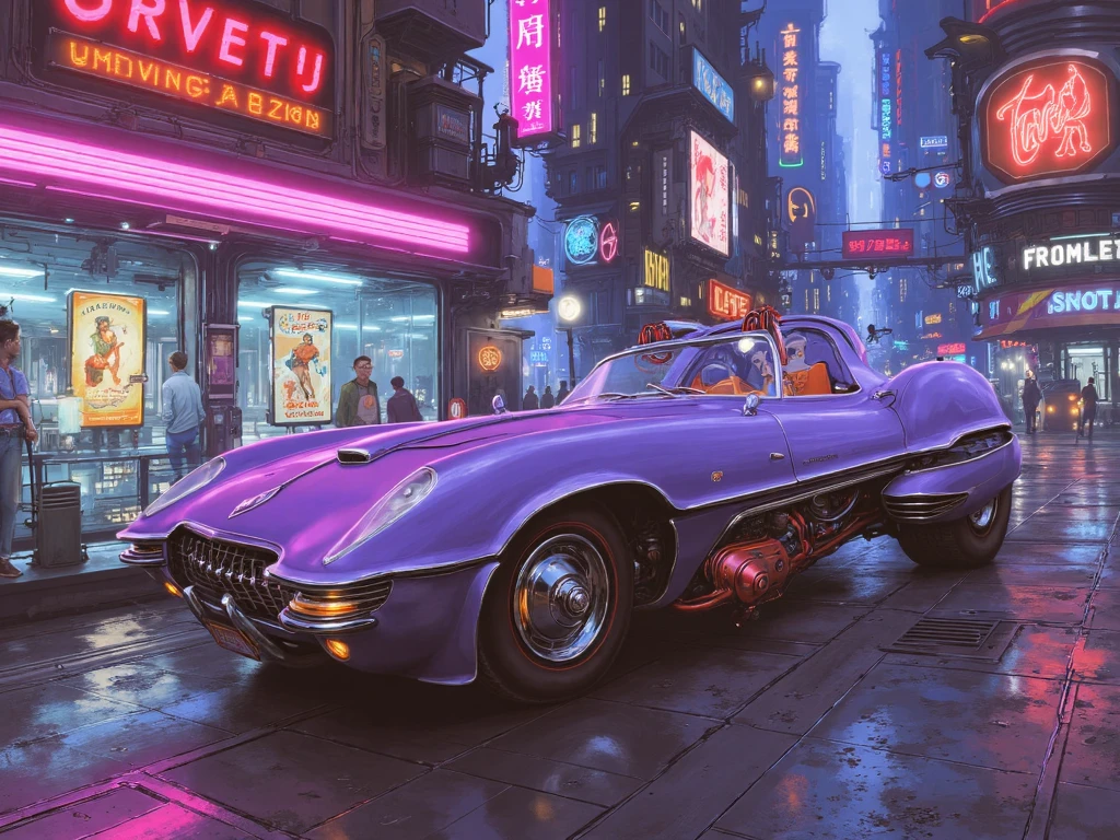 burda style illustration, grungetech, retro corvette car in streamlined design, futuristic setting in outdoor location with neon light on city street <lora:SXZ_Burda_Flux:1>