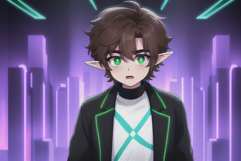 solo, 1boy, {{brown hair}}, {elf ears}, {{green eyes}}, green eyes, only green eyes,{white t-shirt, blue jacket, black pants},{purple soft light},{high saturation}, {{neon city background}}, cyberpunk background, cyberpunk city