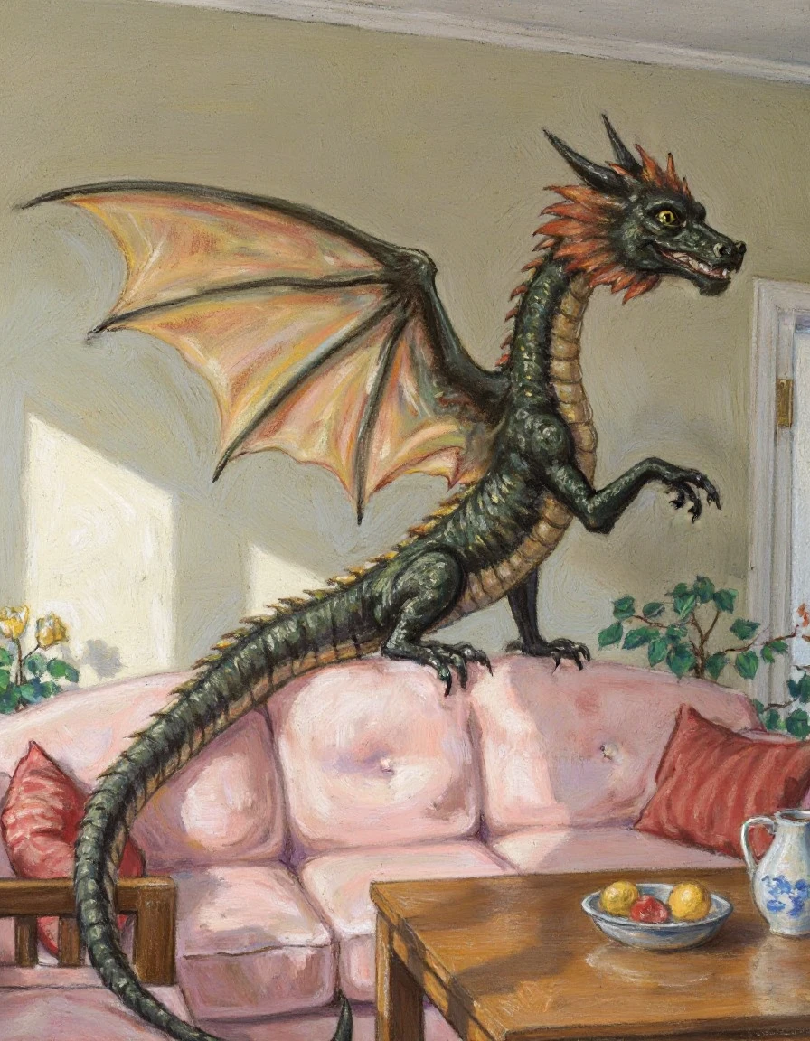 pastel drawing of a living room dragon of bronze and black in a sunlit room, the set of a surreal sitcom