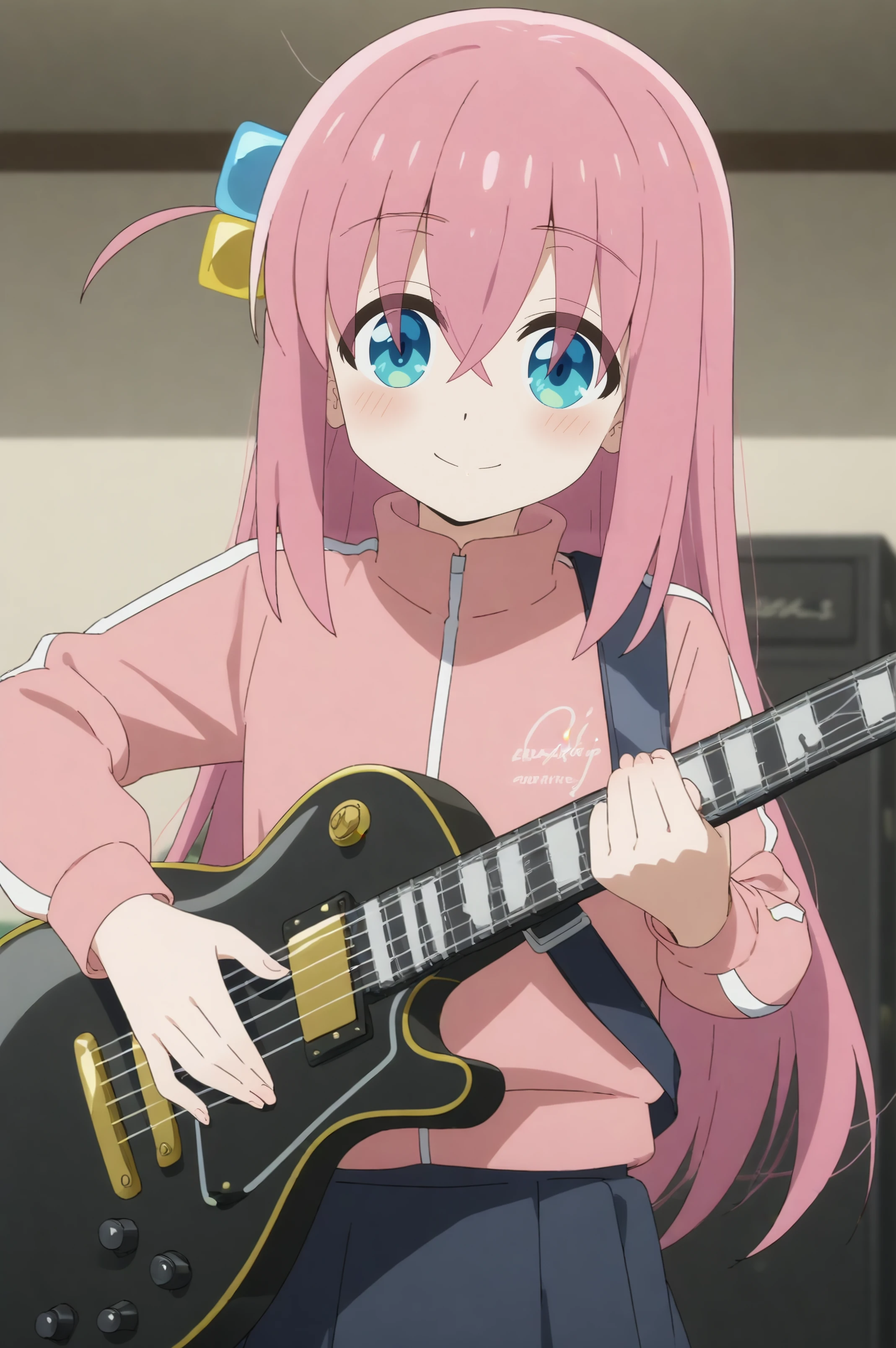 hitori gotoh,anime screencap,1girl,solo,bangs,hair between eyes,jacket,cube hair ornament,hair ornament,track jacket,pink jacket,skirt,music room,smile,musical instrument, rock poster, electric guitar,good_hands   <lora:Hitori_Gotoh.safetensors:0.8>