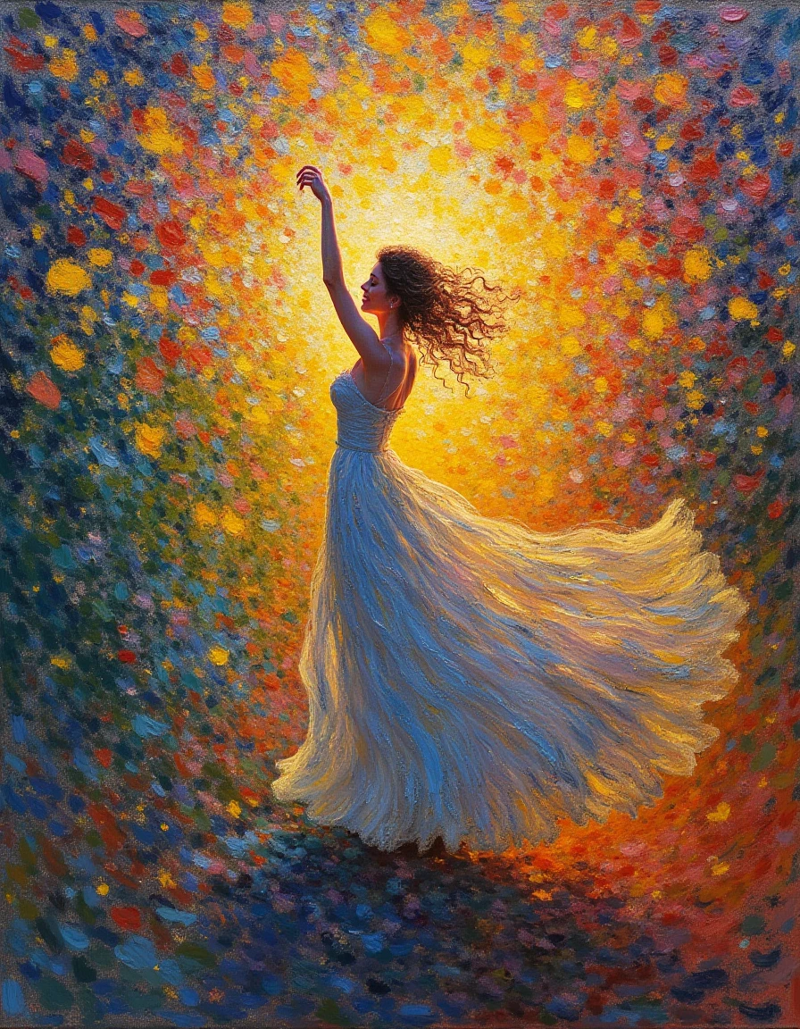 the abstract concept of 'joy' as a burst of radiant light and swirling colors, all converging in a dance that captures the essense of art, by Claude Monet