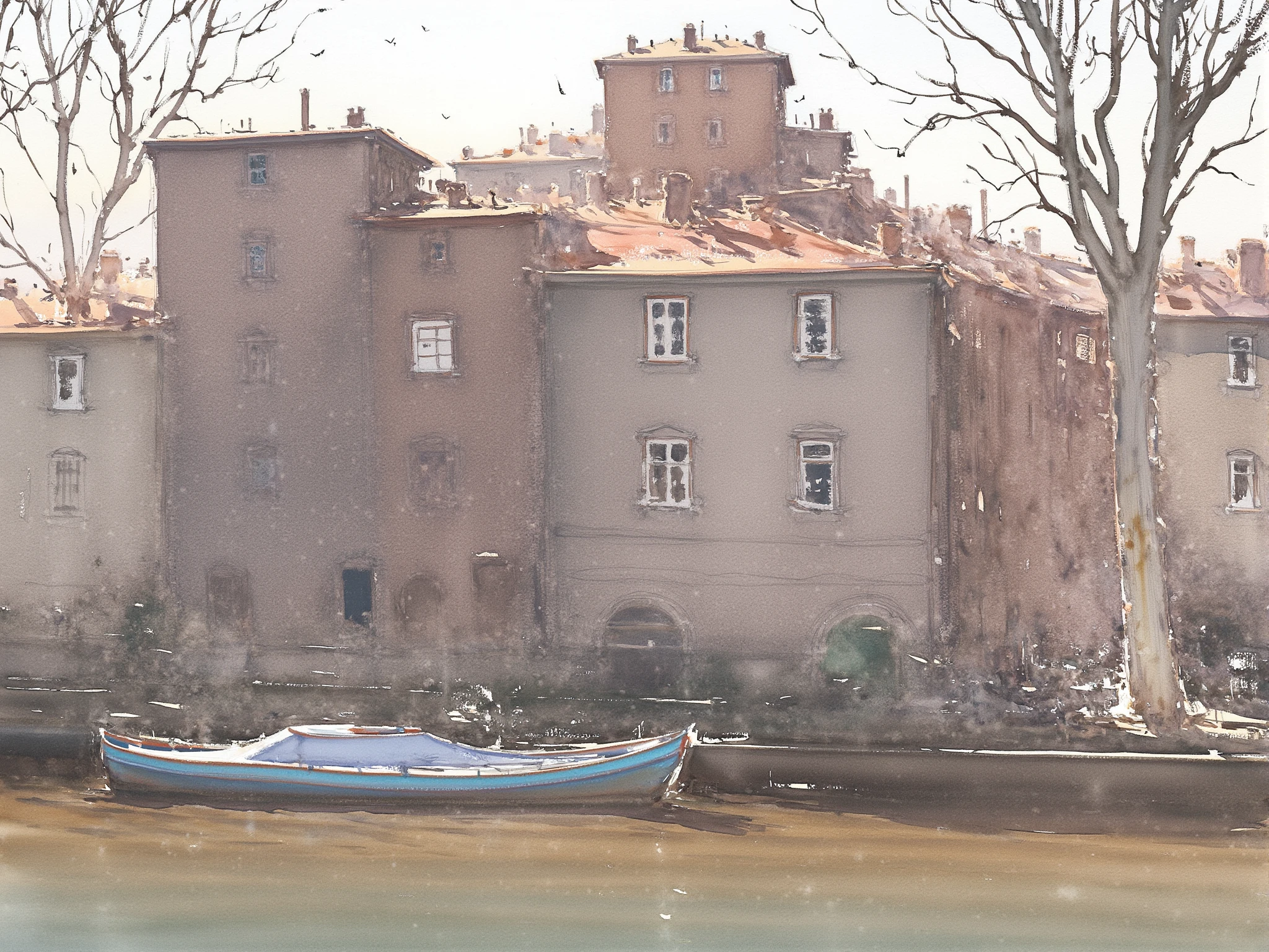 tight cluster of buildings, brick and metal facade, boat docked at side, located in Denmark, Pastel Black soft colors, (trees:1.2), (summer day:1.4)