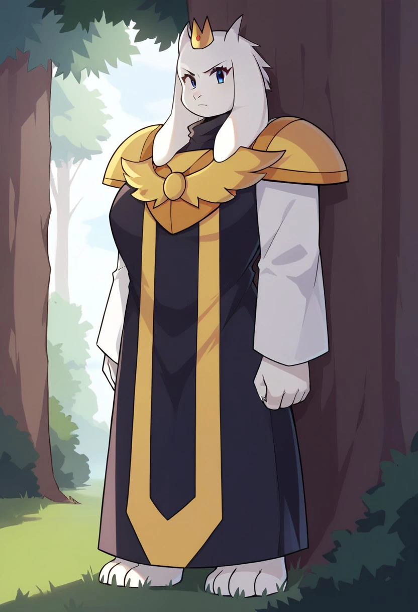 BREAK score_9, score_8_up, score_7_up, source_anime,  Epic_Toriel,  black robe, chest brooch, golden shoulder pads, (huge breasts::1.5), high collared tunic, chest symbol, crown with a gem, full body,