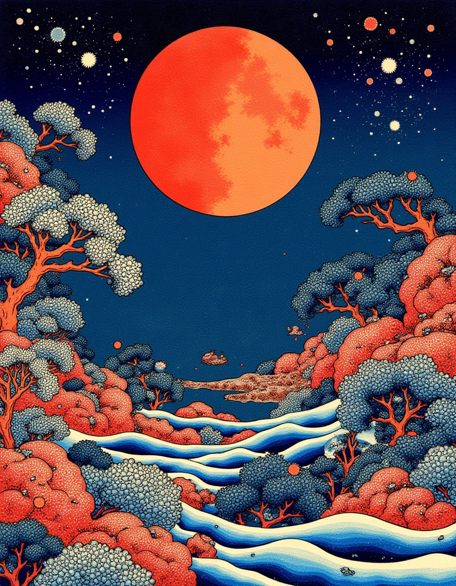 Ukiyo-e style by Hokusai, a vibrant otherworldly microscopic landscape, with cells and molecules interacting in a dance of life, dynamic and detailed style