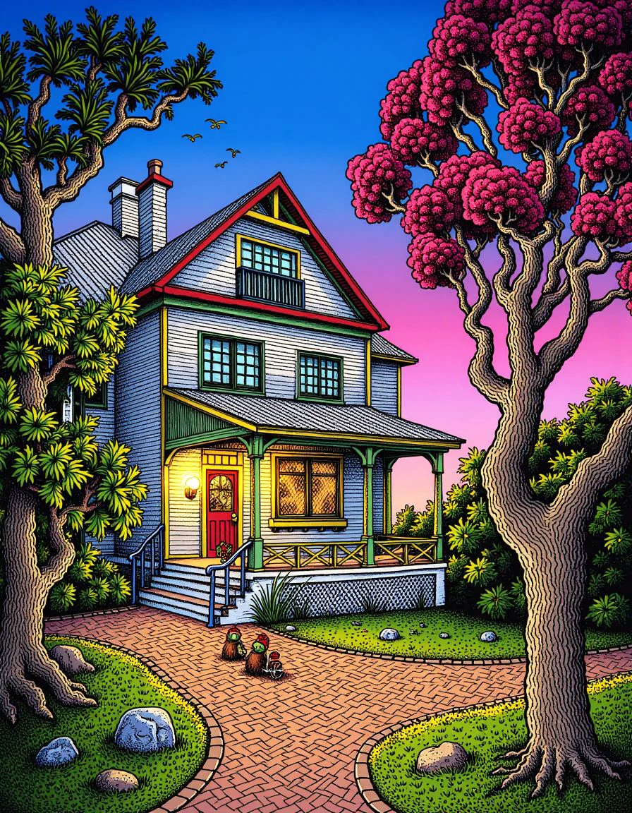 Game art, New Zealander Bed and breakfast, at Overcast, r.crumb style <lora:R.Crumb_Flux_Comix:1>, dynamic cinematic color, magical, elaborate, vibrant, confident, glossy, positive emotional, beautiful detailed, warm light, epic, intricate artistic color