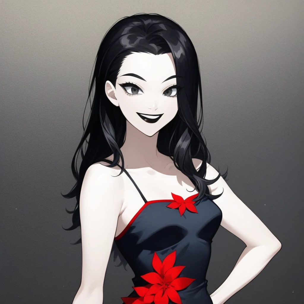 black hair, anime, smile, smiling, dana, black lipstick, dark grey dress, red dress