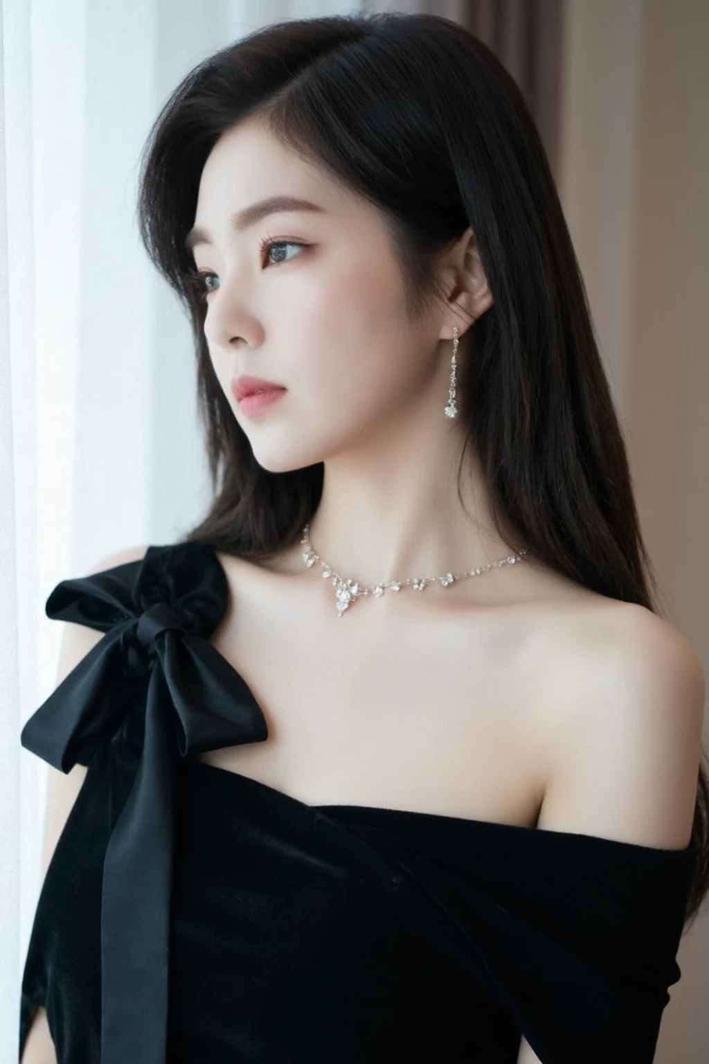 . beautiful korean girl with long, dark hair styled in soft waves. She is dressed in a chic, off-shoulder black top with a bow detail on one strap. Her jewelry is delicate, including a layered necklace and earrings, which add a touch of elegance to her overall look. The background is softly lit, with light filtering through what appears to be sheer curtains, giving the photo a gentle, serene ambiance. The image has a polished and sophisticated vibe, fitting for a fashion or lifestyle magazine spread., <lora:flux_realism_lora:1>, <lora:makinaflux_irene_v1.0:1>