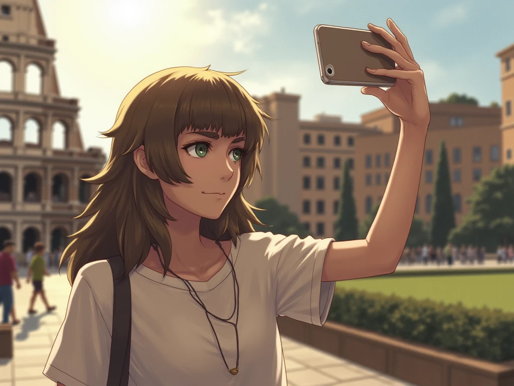 taking a selfie looking at the mobile, maho hiyajou wearing her t-shirt, with the iconic building of the colosseum, capturing the romantic charm of Rome. Her hair adds a dreamy atmosphere