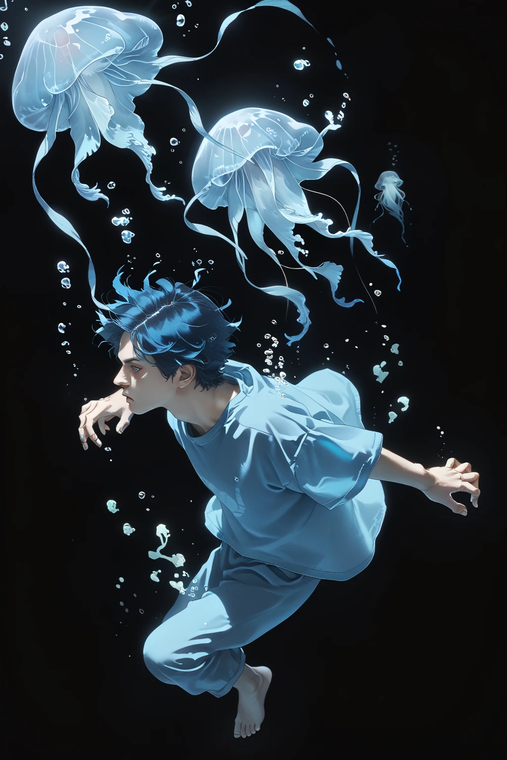 score_9, score_8_up, score_7_up, male, dark blue hair, glowing blue jellyfish, random pose, aesthetic, underwater, simple black background, style re, re  <lora:Style_Re:0.8>