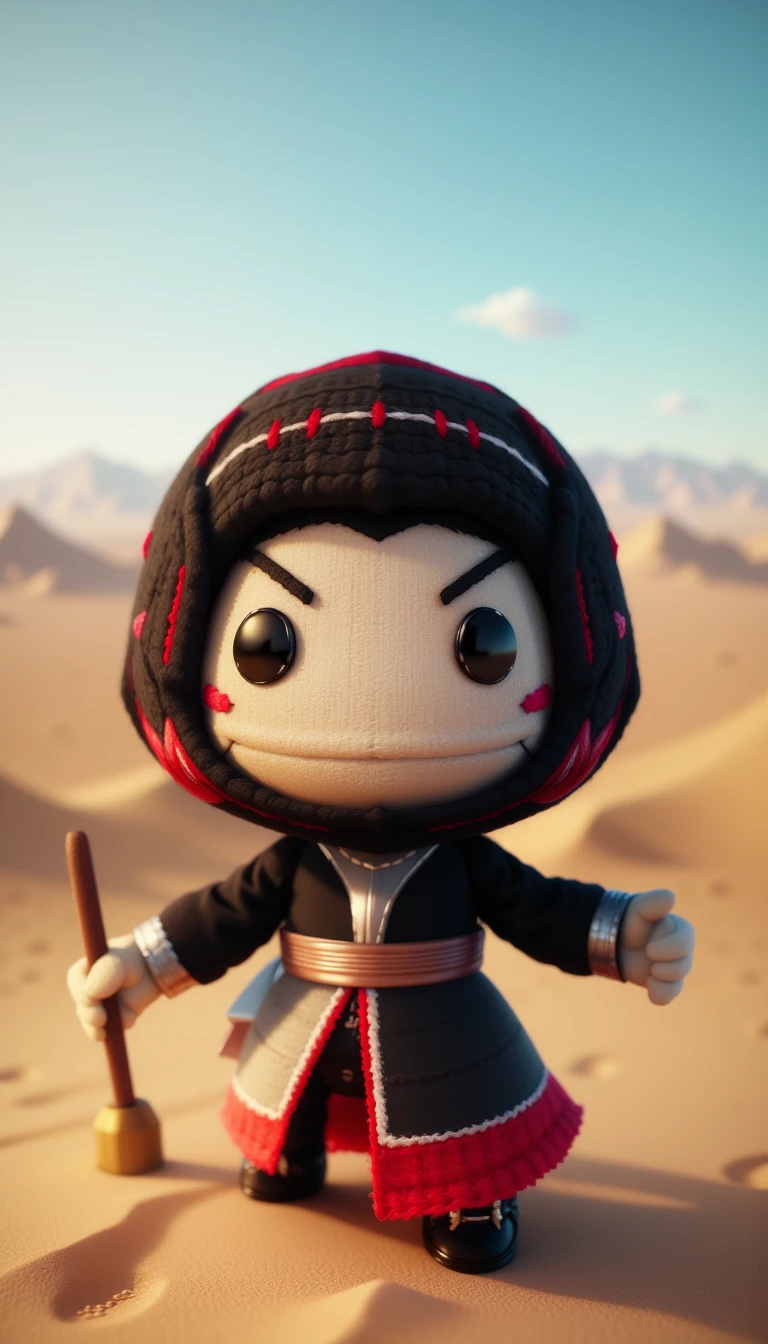 <lora:SackboyCharacterFlux:1> sackbaby Kylo Ren from Star Wars, scared expression, woven, stitches, stitching, in a pose: Blasting off into space with a confident smile, in location sandy dunes, wind-swept, vast expanse, remote beauty