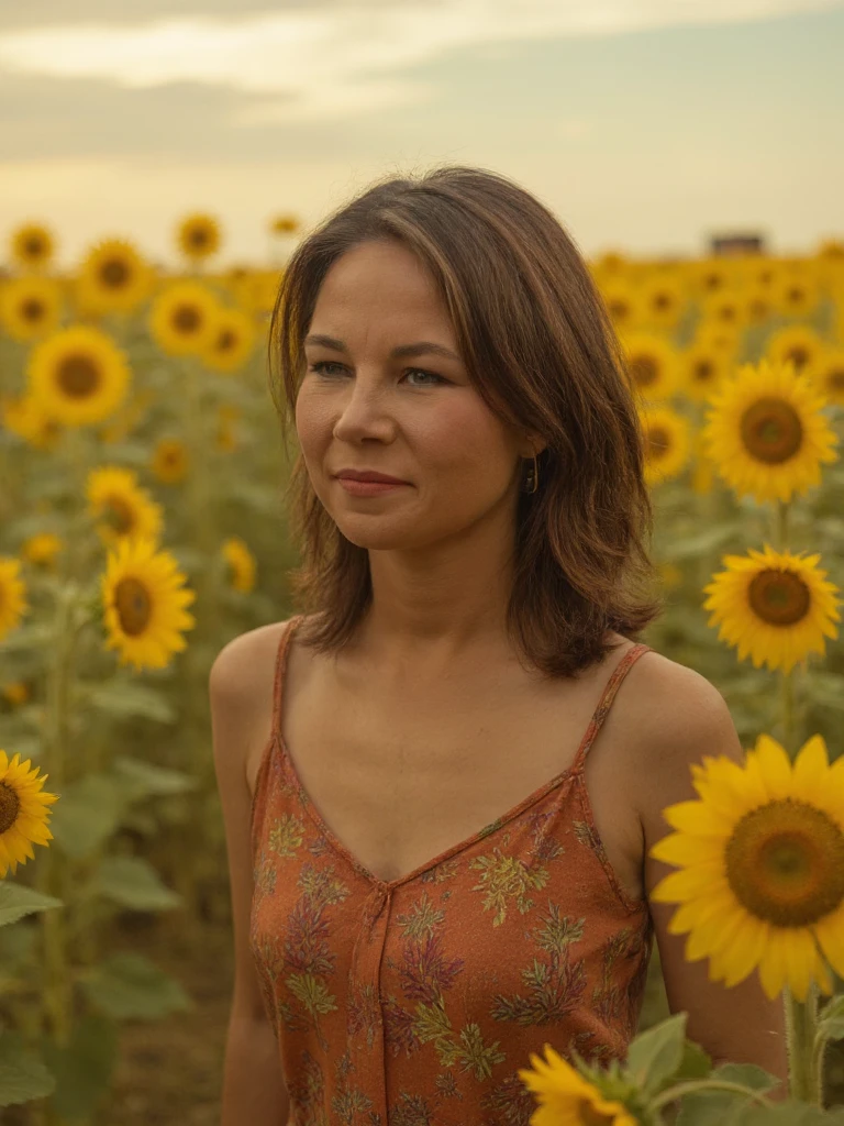 Portrait of annbae woman, walking through a field of sunflowers. She is smiling at the camera. The scene is in a summer afternoon. The woman has shoulder long black hair. She is wearing colorful hippie clothes