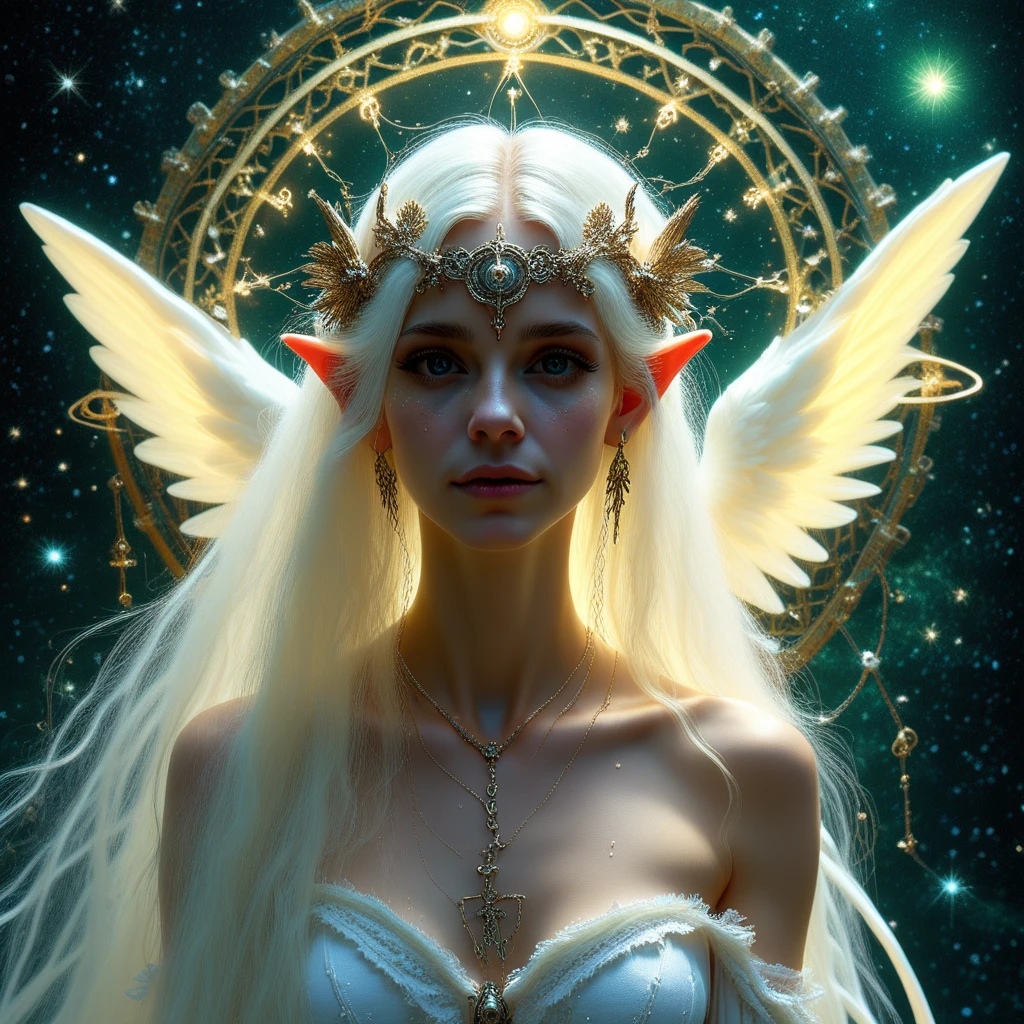 halo, barefoot, armlet, gears, constellation, night, very long hair, cross, bare shoulders, jewelry, eyelashes, star, feathered wings, space, wings, freckles, looking at viewer, off shoulder, esoteric, veil, elf, pointy ears, profile