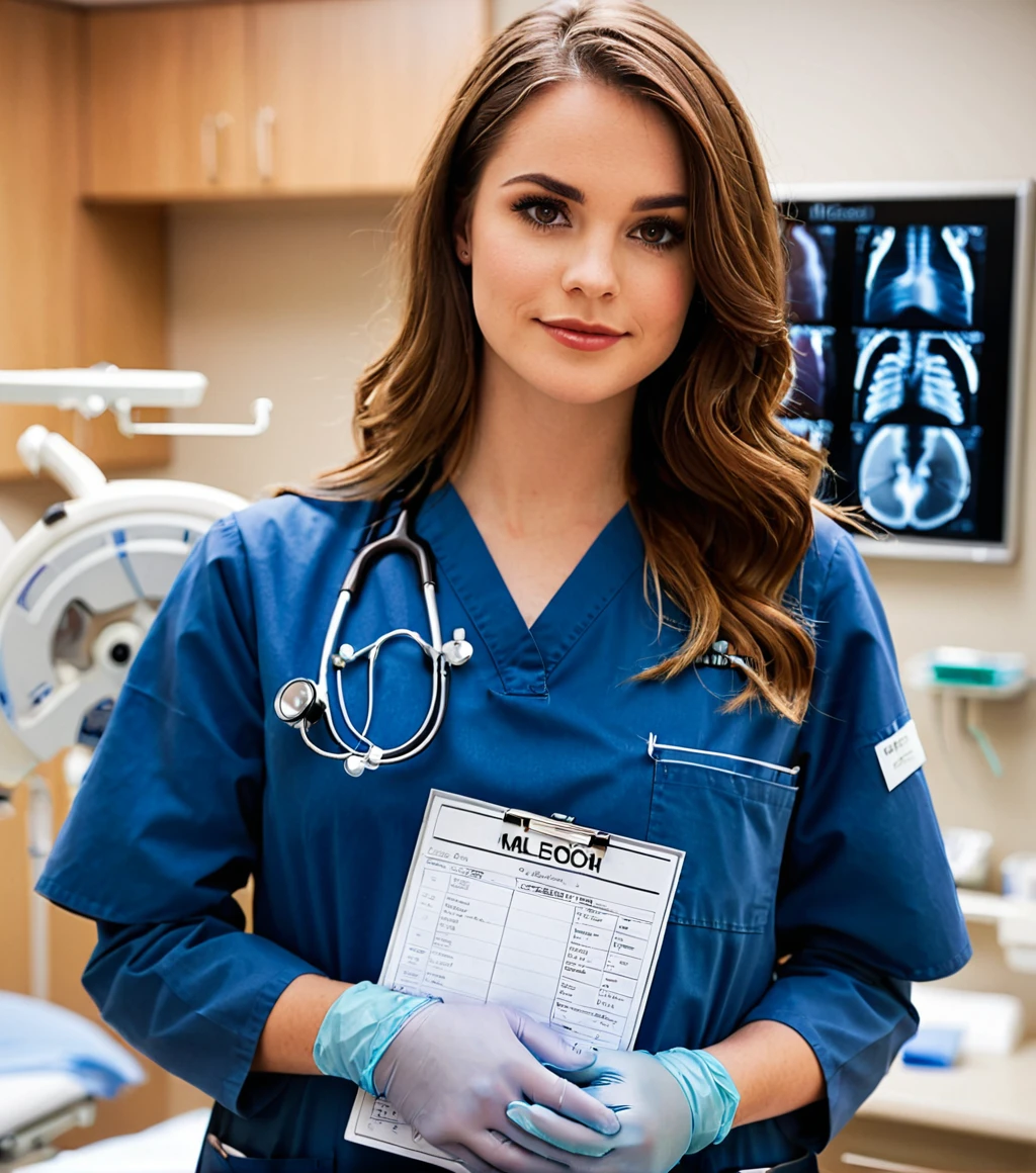 <lora:m414m_67XL-000008:0.8>, a (close up:1.2) photograph of 24 year old beautiful(m414m woman:1.1) as a surgeon physician,wearing a (steel blue lab coat:1.2) over (indigo dress:1.2),with stethoscope around neck,name tag on lapel,holding an (x-ray chart:1.4),standing in a (hospital operating room) surgery suite,wearing gloves,surrounded by (examination table and medical equipment:1.2),long brown hair,jewelry,smirk,lips,makeup and eyeshadow,(face focus)(upper body:1.2),(medium close up:1.3)professional portrait, 4k wallpaper, highly detailed, bokeh