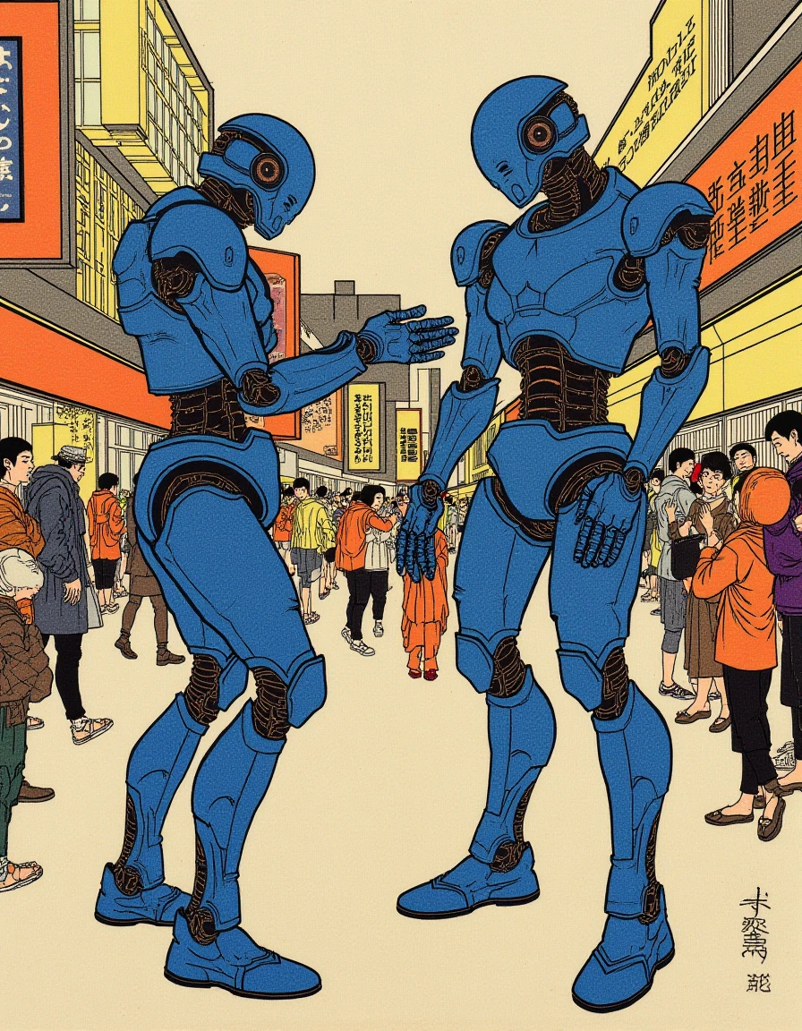 Ukiyo-e style by Hokusai, advanced humanoid robots are interacting with humans in a busy metropolitan square, all portrayed the sleek lines and vibrant energy