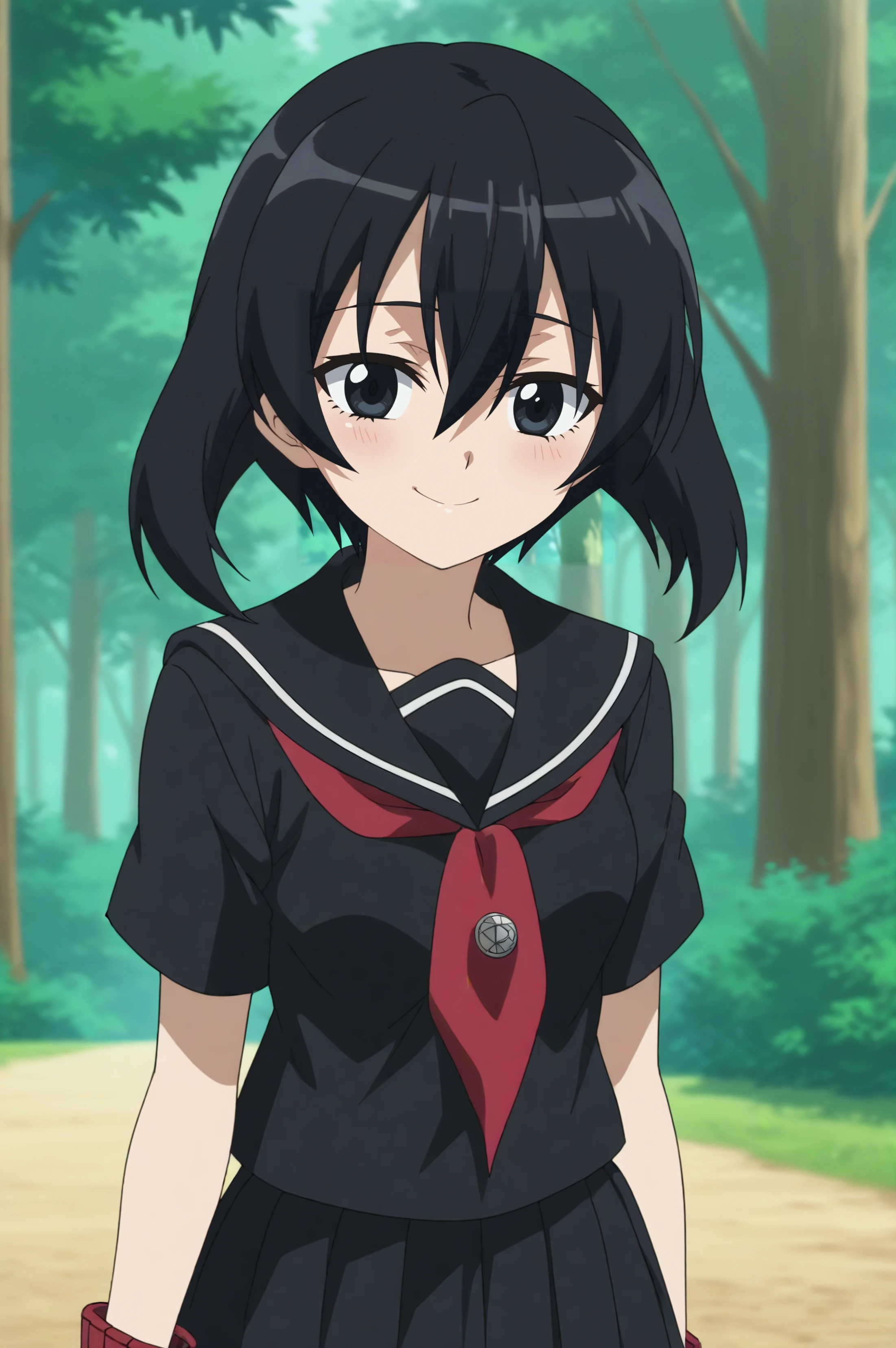 kurome,anime screencap,1girl,solo,school uniform,serafuku,black serafuku,short hair,skirt,outdoors,dark forest,hair between eyes,pantyhose,light smile  <lora:Kurome.safetensors:0.8>