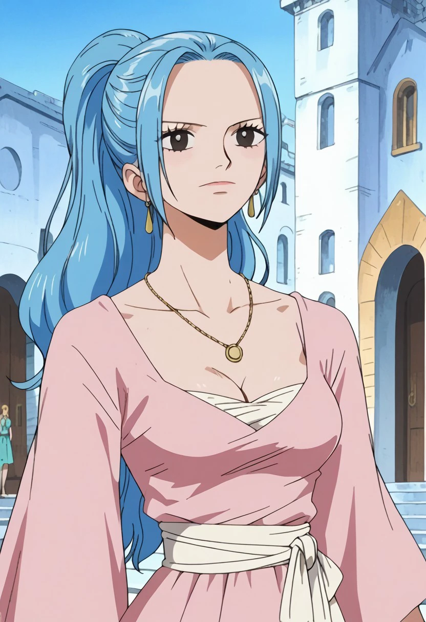 score_9, score_8_up, score_7_up, source_anime, rating_safe, ViviOP, blue_Vivi_high ponytail, black_Vivi_eyes, 1girl, female focus, anime screencap, medium breasts, cleavage, pink dress, jewelry, necklace,