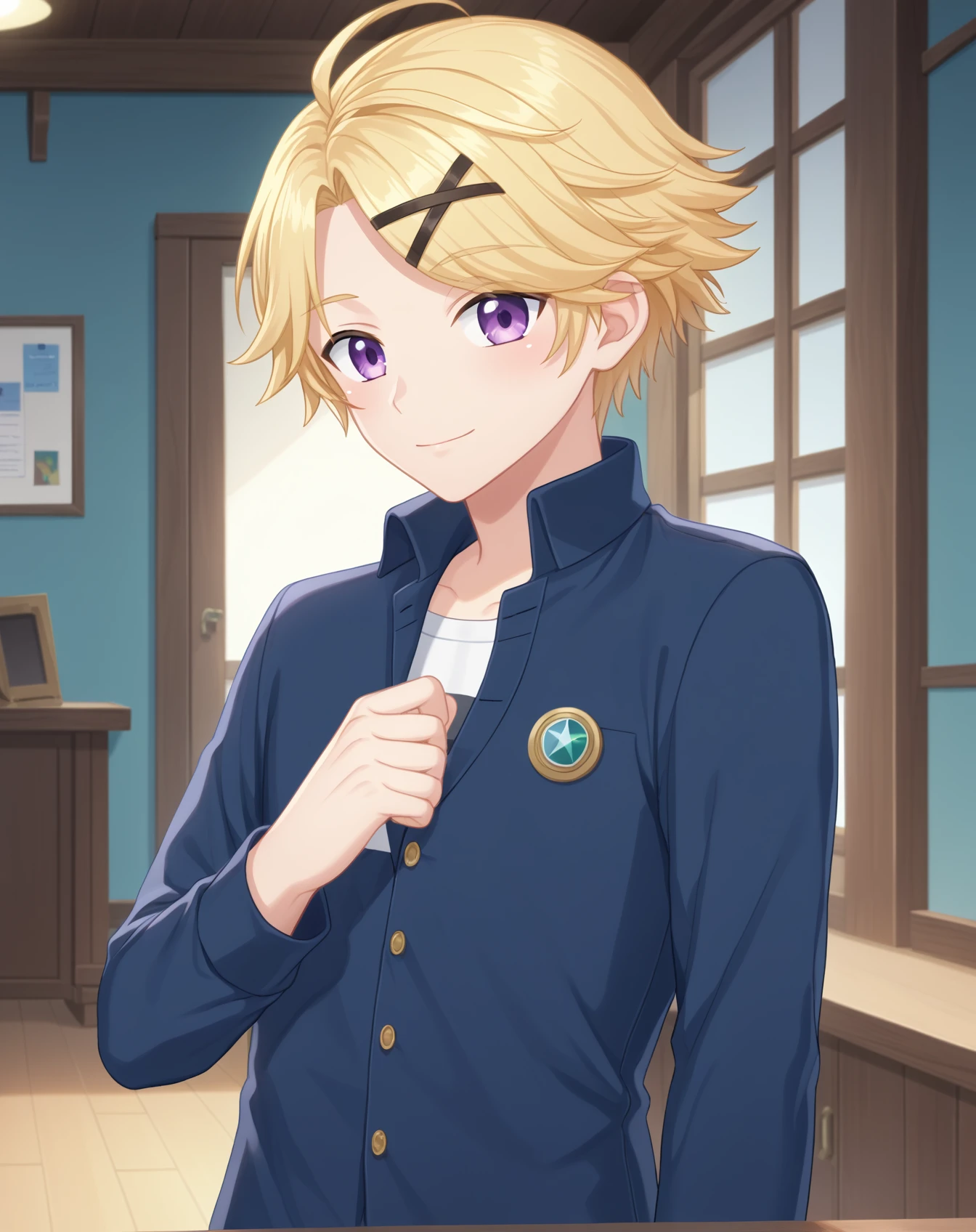 score_9, score_8_up, score_7_up, source_anime, anime screencap, depth of field, rating_safe, BREAK,
1boy, solo, yaoi, male focus,
looking at viewer, cowboy shot, facing viewer,
<lora:yoosung_kim_pony:1> yoosung_kim_pony, blonde hair, purple eyes, short hair,
indoors,