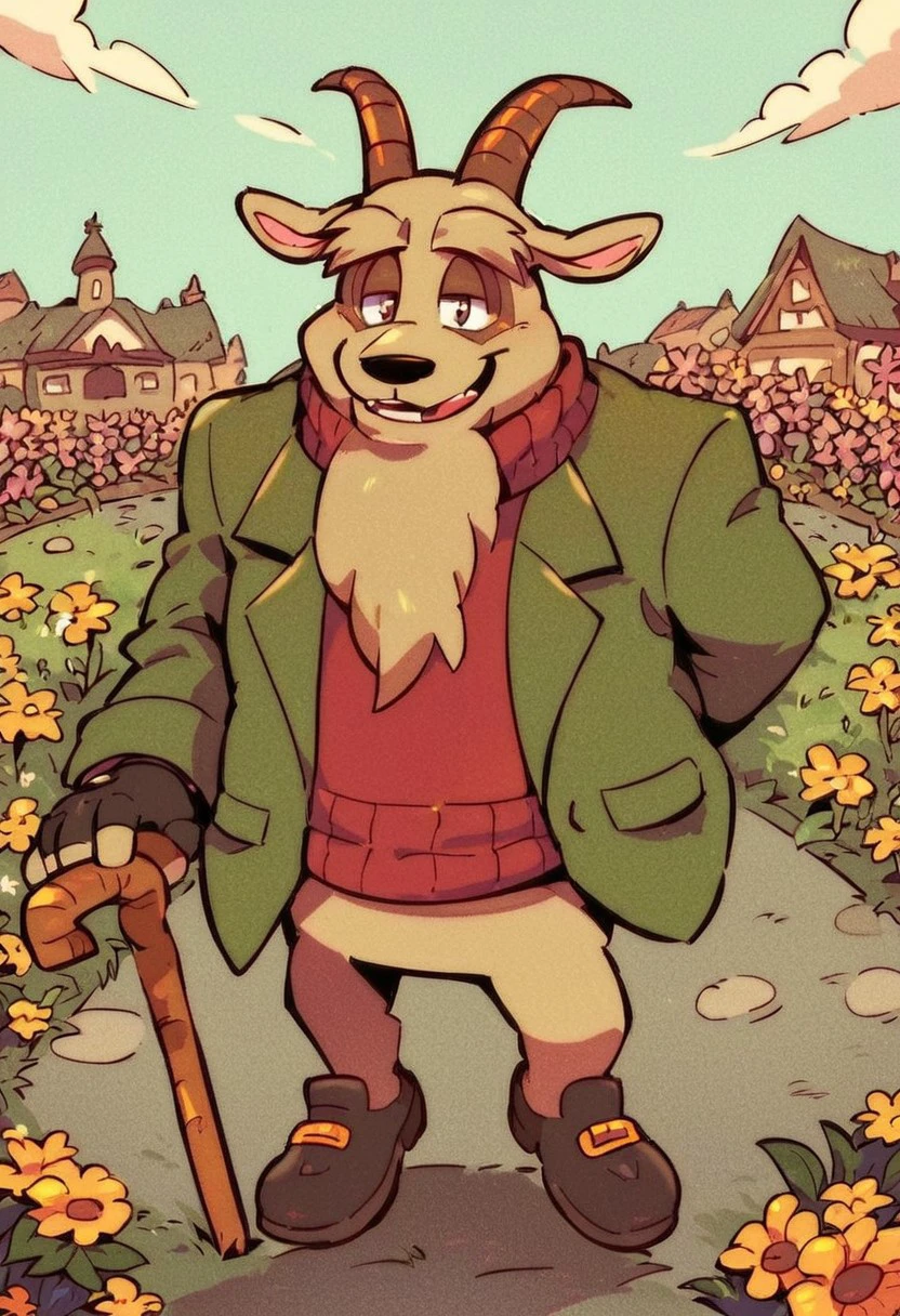 score_9, score_8_up, score_7_up, Elder Scruffy, male, solo, beard, green jacket, red sweater, cane, holding cane, fingerless gloves, shoes, goat ears, goat horns, village, flowers, happy, dynamic view