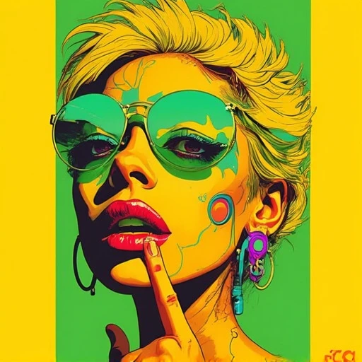 face paint, yellow background, yellow hair, mechanical joints, green background, swirling water body, finger in mouth, from below. Bold and vibrant color palettes, sunflowers, faded edges, short hair. Bold and vibrant color palettes, latina, a sultry and alluring woman with bold makeup and sunglasses posing seductively, 'JFA' written beneath the skateboard, white skin, smoking, purple eyes