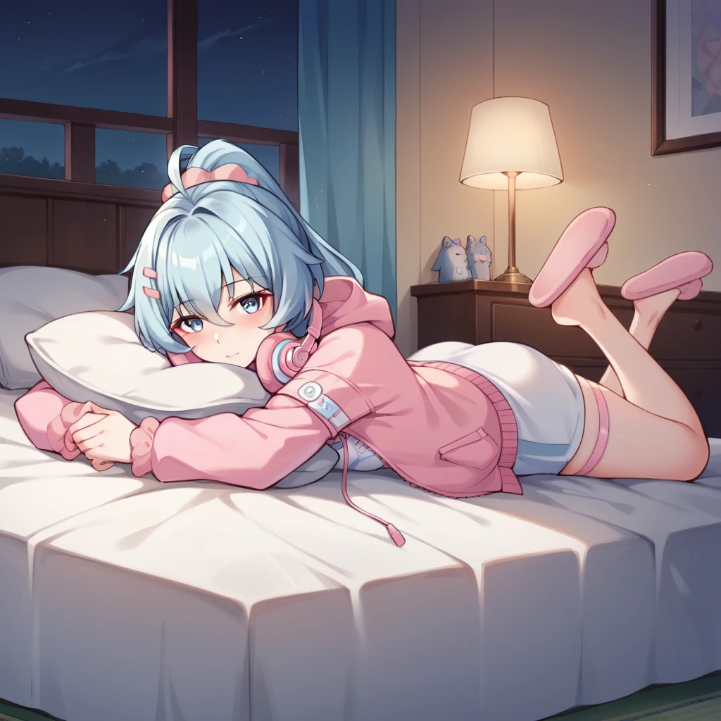 score_9_up, score_8_up, score_7_up, source_anime, 1girl, solo, Shigure, Kira_Paja, night time, dimmed light, lamp, lying on stomach on bed, hugging pillow, looking at you, slight blush, mouth behind pillow, gentle expression, pink footwear, pink slippers, feet up, light blue hair, high ponytail, blue eyes, pink jacket, open jacket, white shirt, hooded jacket, oversized shirt, long sleeves, pink sleeves, pink hairclip, pink scrunchie, pink headphones, headphones around neck, thigh strap, mature body, dynamic cowboy shot, indoors, bedroom background