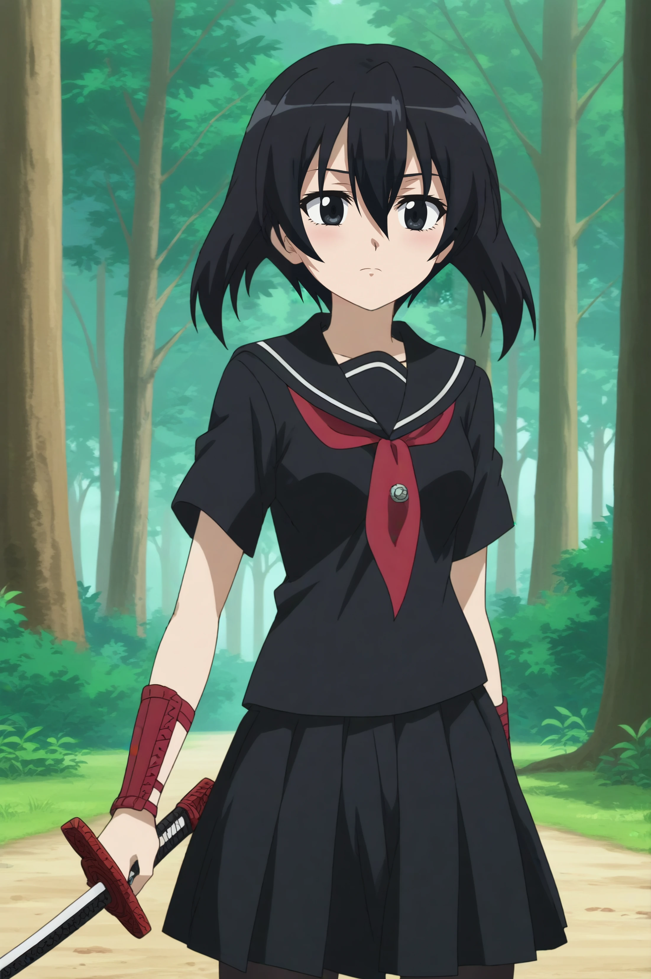 kurome,anime screencap,1girl,solo,school uniform,serafuku,black serafuku,short hair,skirt,outdoors,dark forest,hair between eyes,pantyhose,katana,weapon,holding red katana <lora:Kurome.safetensors:0.8>