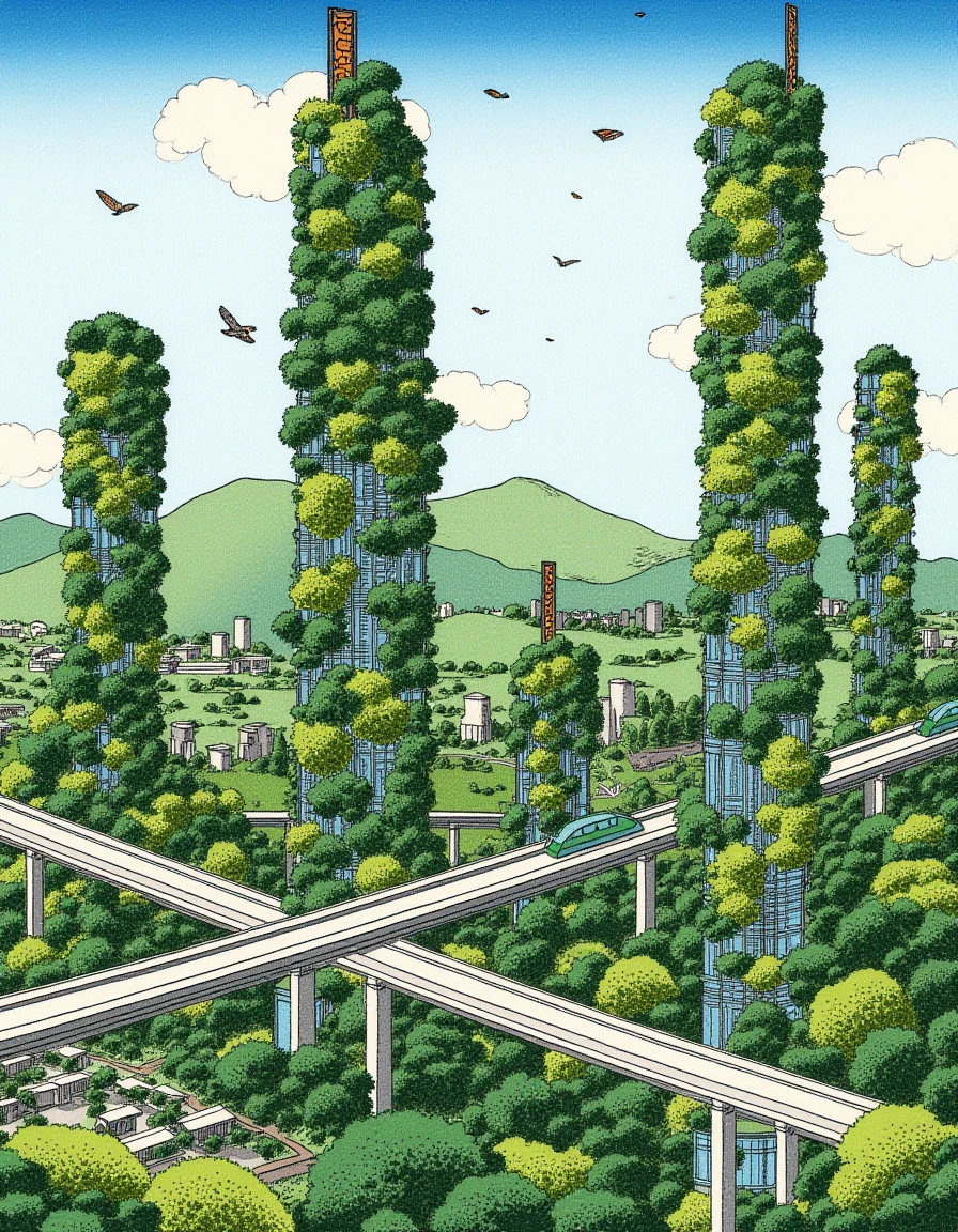 Ukiyo-e style by Hokusai, a utopian city with towering eco-friendly skyscrapers covered in greenery and connected by high-speed transit systems